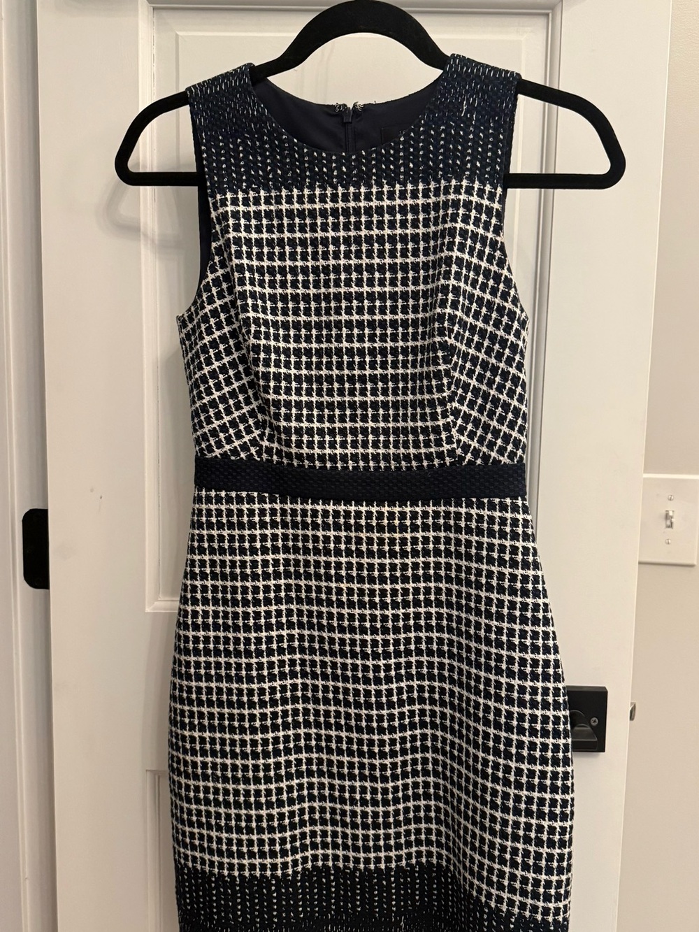 Navy and White Sleeveless Tweed Sheath Dress